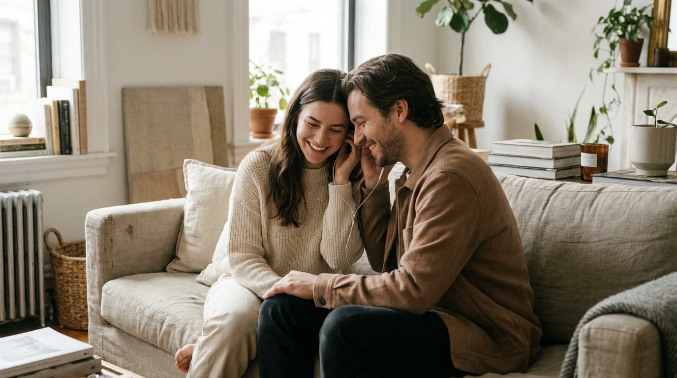 A smiling couple on a couch sharing a pair of earphones to listen to a song together.