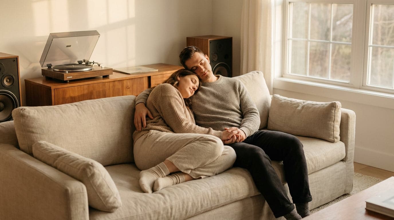 A couple resting together on a couch in a sunlit living room, with a record player and speakers behind them.