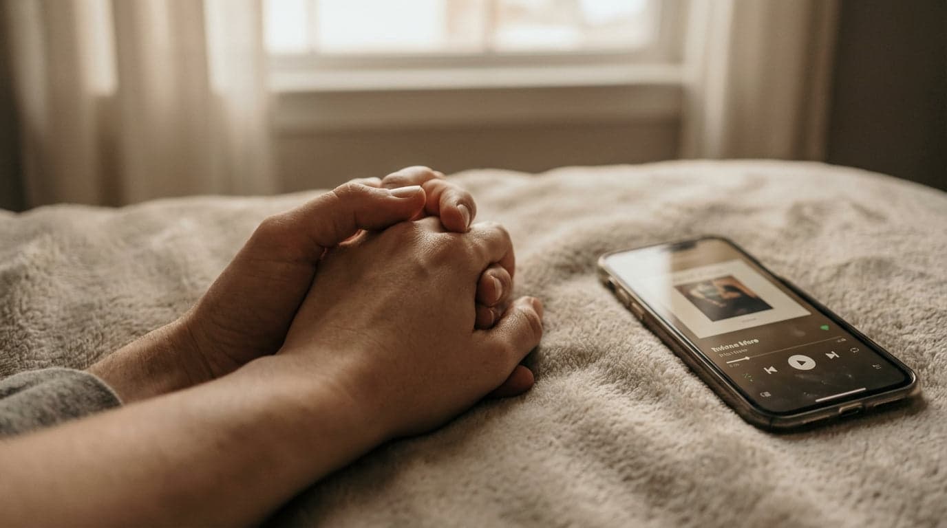 Two clasped hands resting on a soft blanket next to a phone playing a song.