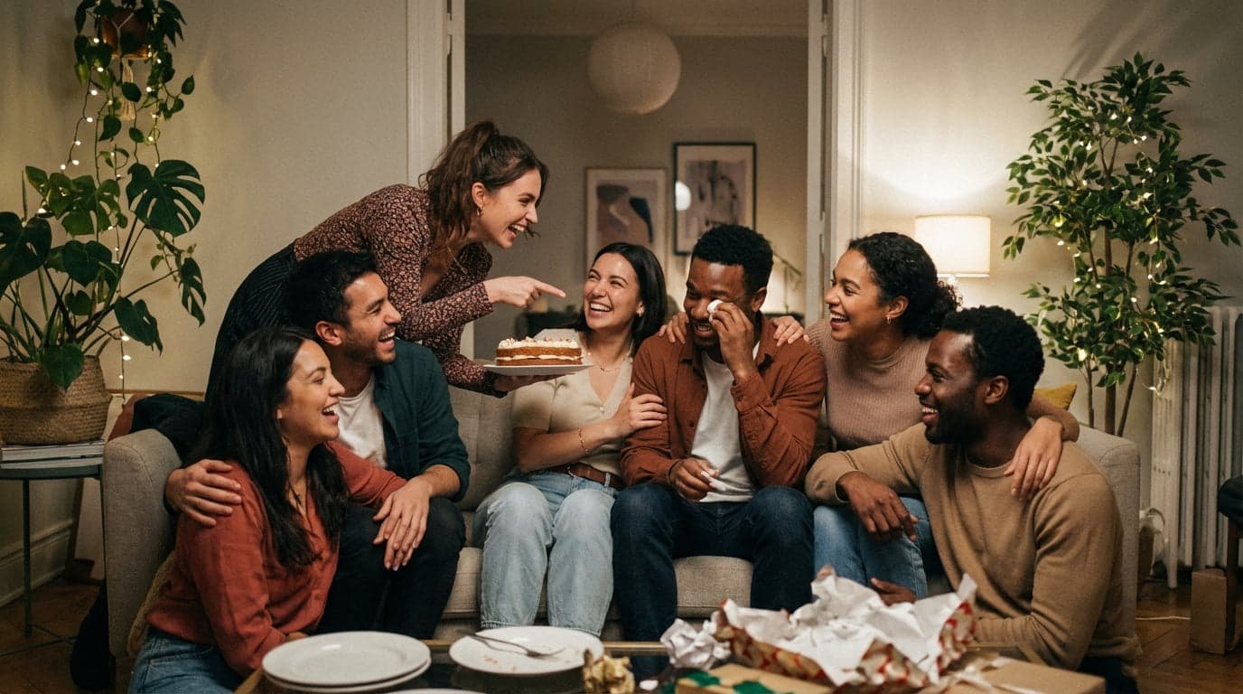 Friends laughing together on a couch as one of them is surprised with a birthday cake.