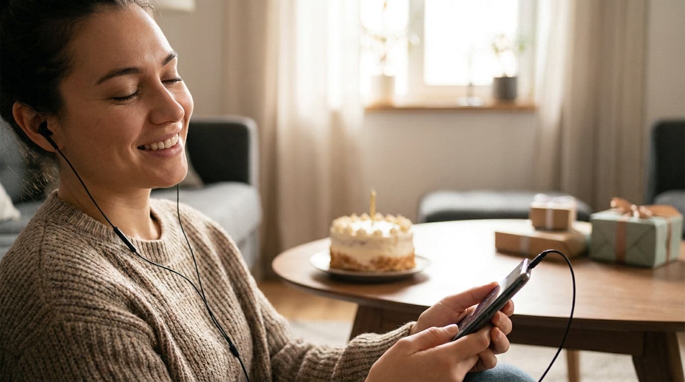 A smiling woman with earphones listening to a song on her phone beside a birthday cake and wrapped gifts.