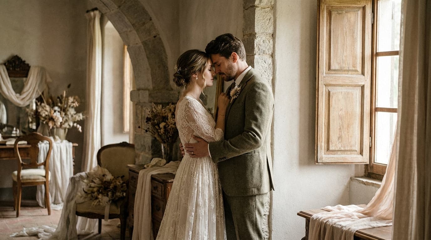 A bride and groom sitting close on a vintage sofa, sharing a song through headphones.