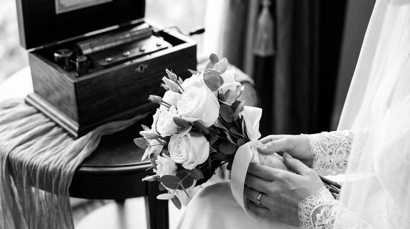 A bride and groom holding each other close by a window in a rustic stone room.