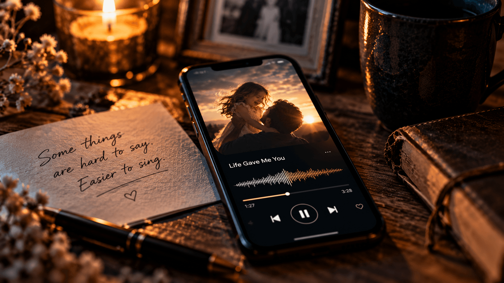 A handwritten note beside a phone playing a song on a candlelit table.