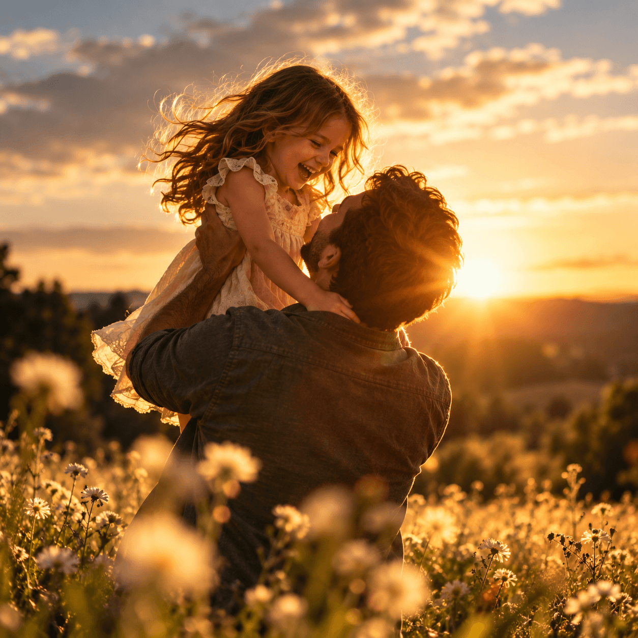 A father lifting his laughing young daughter in a field of wildflowers at sunset.