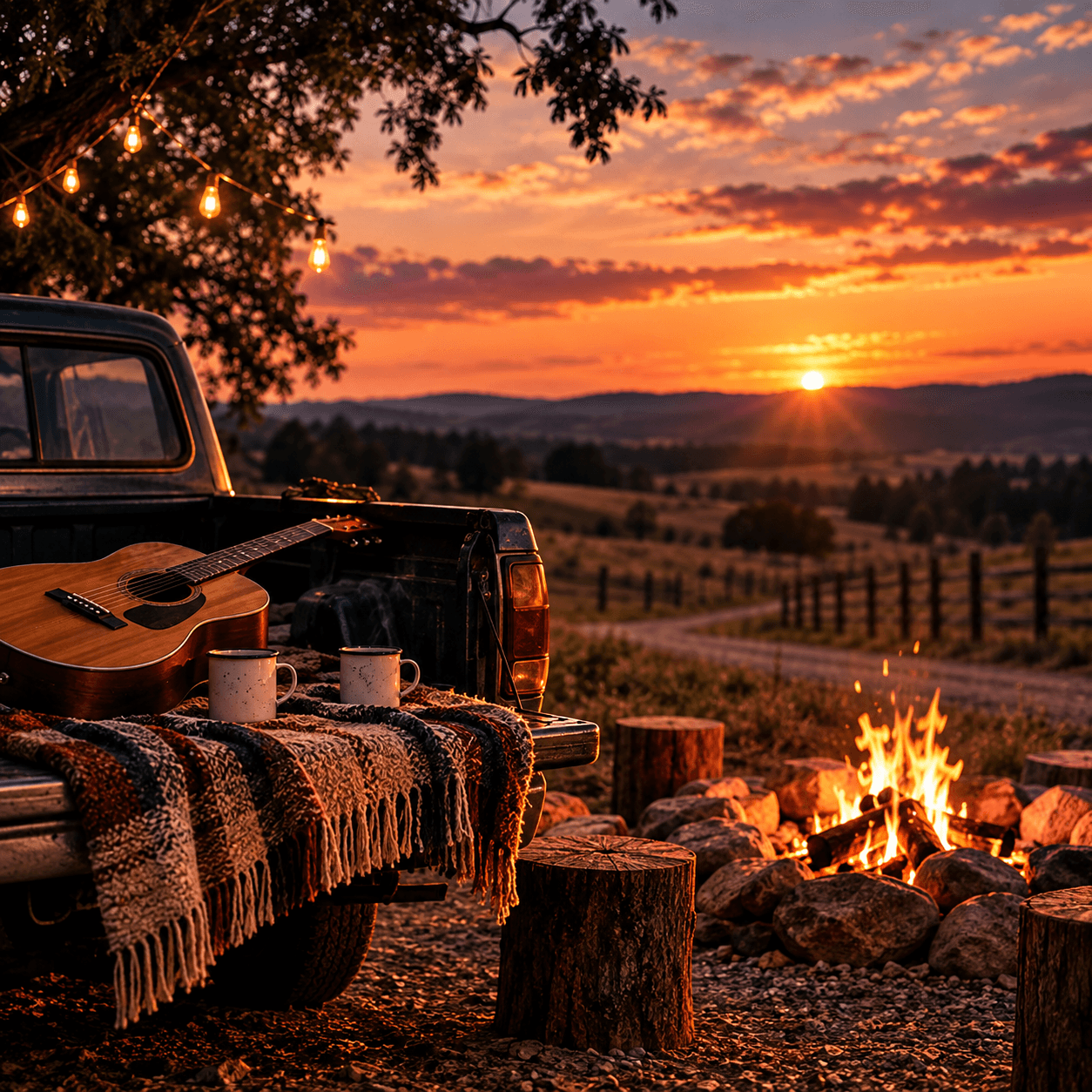 An old pickup truck with a guitar and blanket on the tailgate beside a campfire, overlooking a dirt road at sunset.